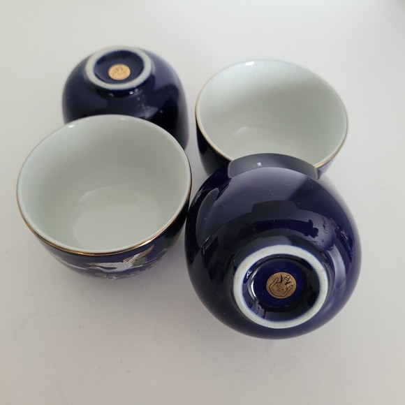 Vintage Japanese Porcelain Cobalt Blue Yunomi Sencha Tea Cups Flying Crane 4pcs - Picture 5 of 11